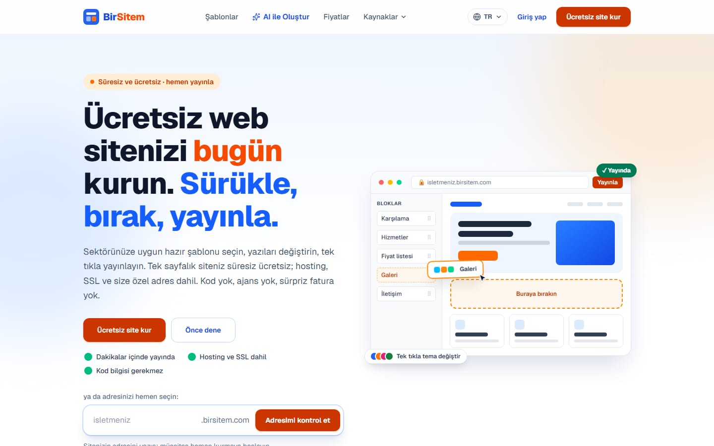 BirSitem: Kod Bilmeden, Sürükle Bırak ile Web Sitenizi Kurun