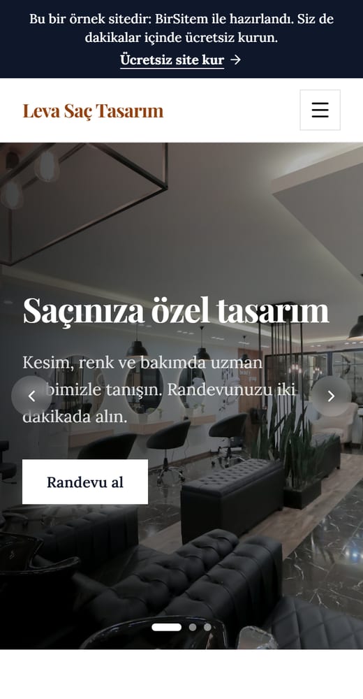 BirSitem ile hazırlanmış örnek kuaför sitesinin telefon görünümü
