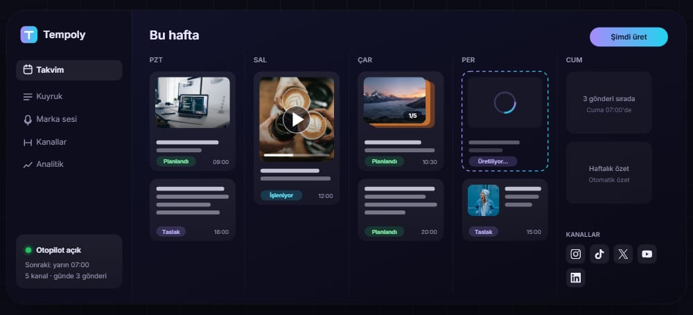 Tempoly haftalık içerik takvimi arayüzü