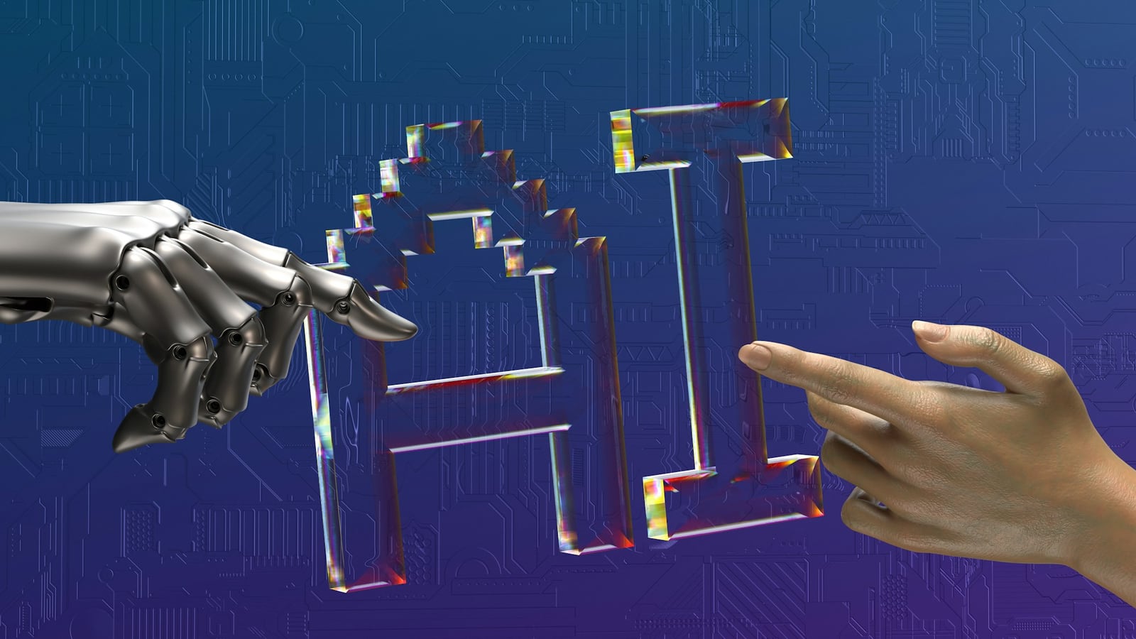 Bir robot eli ve bir insan eli, ortadaki AI yazısına uzanıyor